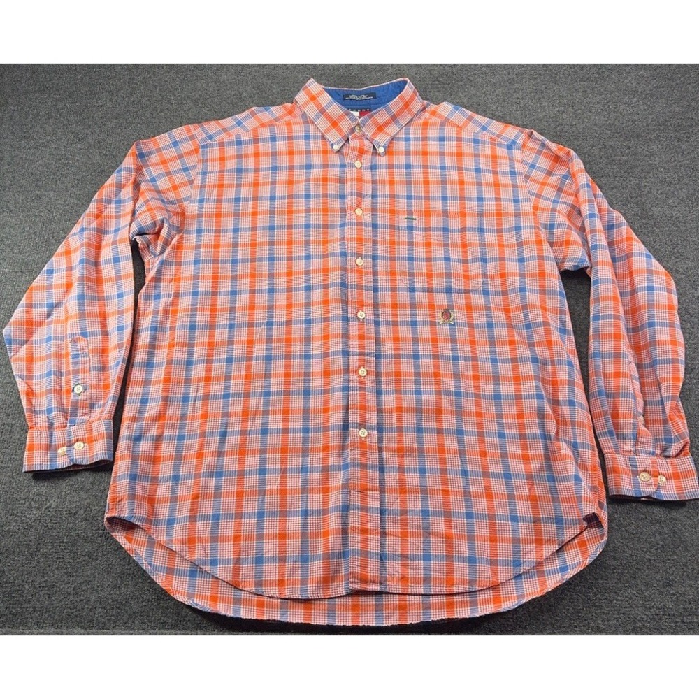 Tommy Hilfiger Mens XL Orange Blue Plaid Long Sleeve Button Down Crest Shirt Y2K